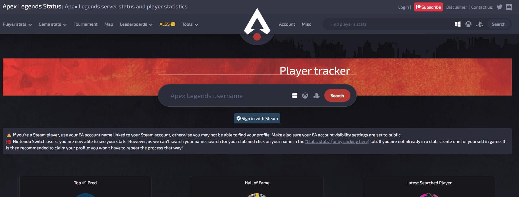 The Apex Legends Status player tracker, with the username field and the PC, Xbox and PlayStation platform icons beside the search button