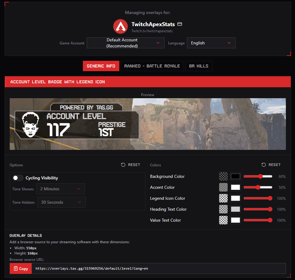 An overlay in the dashboard showing the live preview, the options and colors, and the Overlay Details section with width, height and the browser source URL