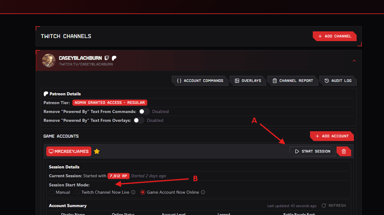 The dashboard game account row, with the Start Session button marked A and the Session Start Mode options marked B