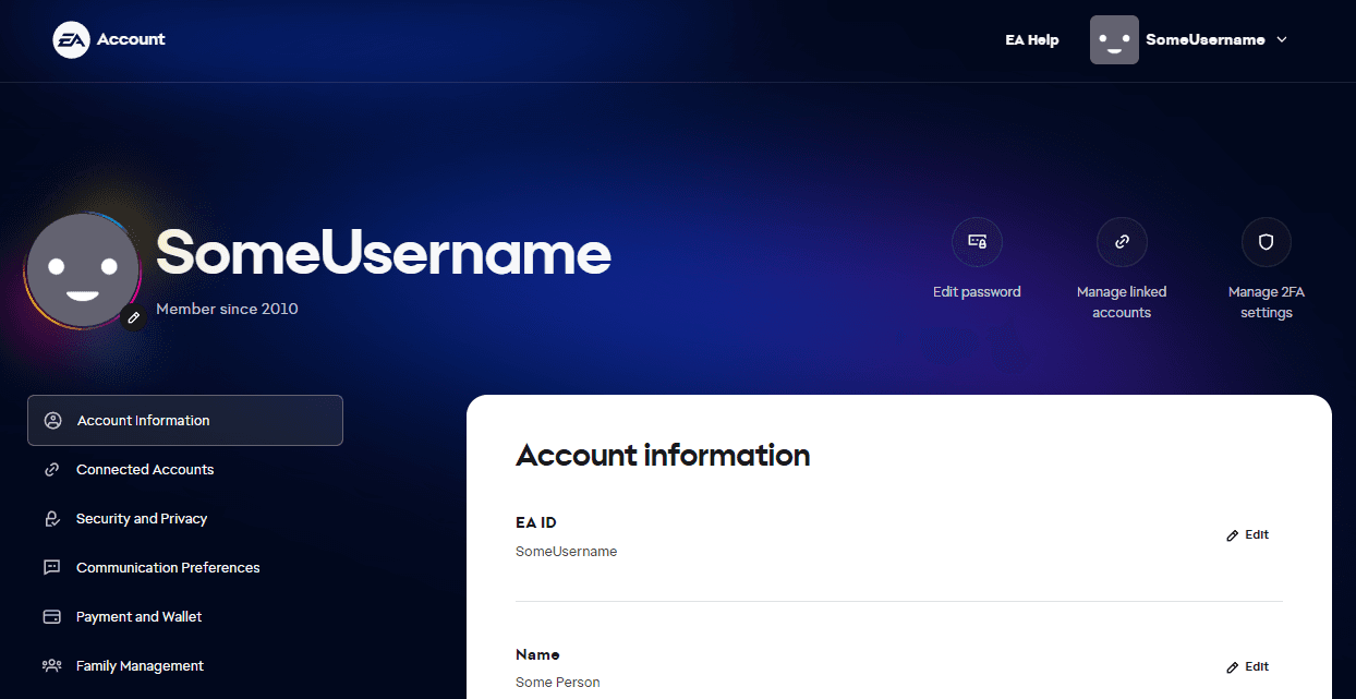 The EA account information page showing the EA ID field