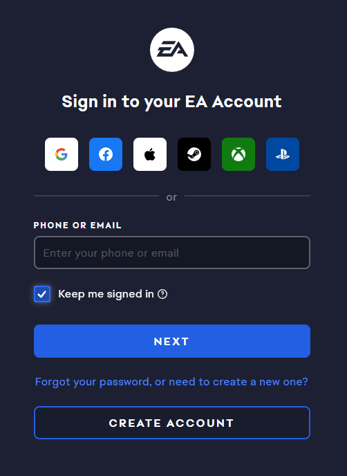 The EA sign-in page, with sign-in buttons for Google, Facebook, Apple, Steam, Xbox and PlayStation above the email field