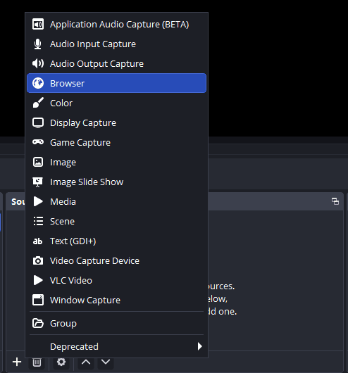 The OBS add-source menu with Browser highlighted
