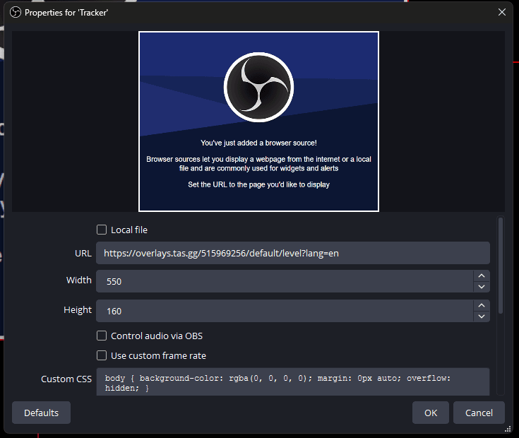 The OBS browser source properties window with the overlay URL, width 550 and height 160 filled in