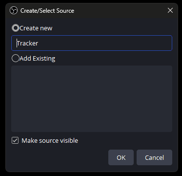 The OBS Create/Select Source dialog with Create new selected and the name Tracker entered